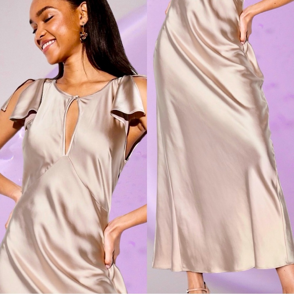 NWTS🌹THE OCCASION L🌹ELITE LINE CHAMPAGNE SATIN FLUTTER SLEEVE FITTED MIDI MAXI - Picture 2 of 16